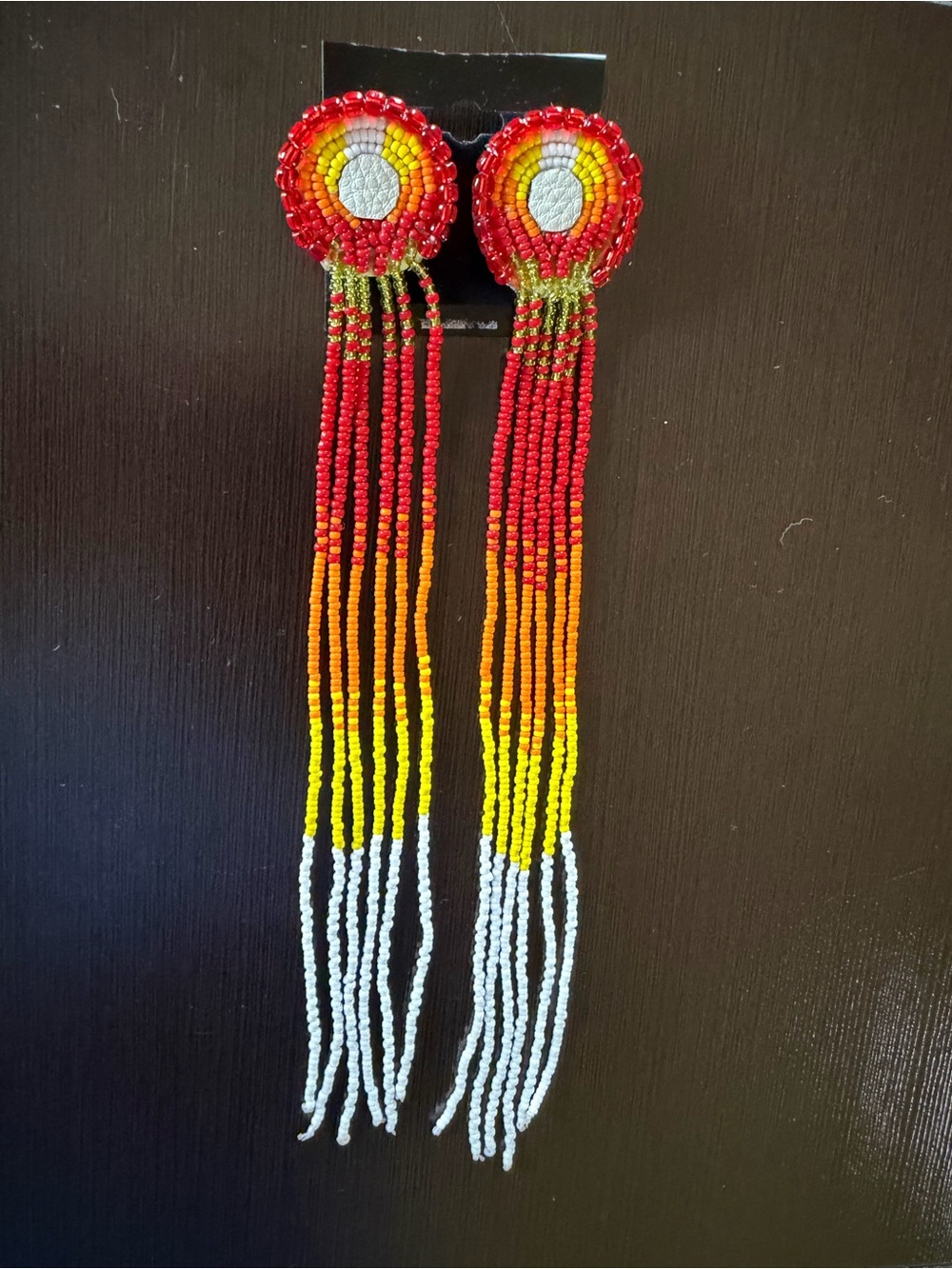 Handmade Beaded Fringe Earrings - Red, Orange, Yellow, White